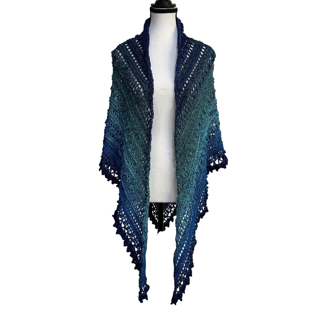 VTG Handmade Crochet Triangle Shawl Wrap Womens 84 x 36 Blue Teal Ombre Gradient - Picture 2 of 10